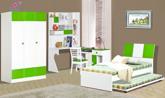 White and green bedroom furniture set: wardrobe, desk, bed with trundle, and chair.