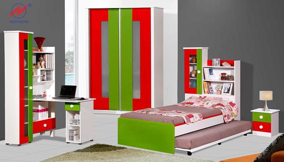 Children's bedroom set: white furniture with red and green accents, includes bed, desk, wardrobe, and nightstand.