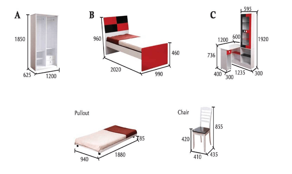 A furniture set: wardrobe, bed, vanity, cot, and chair; with dimensions labeled in black.