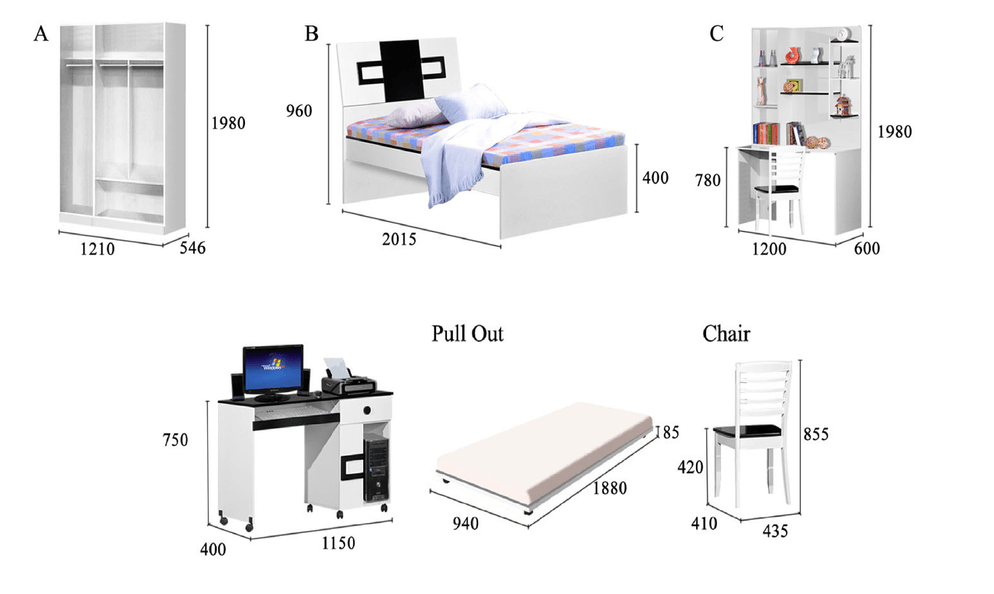 Bedroom furniture set: wardrobe, bed, desk, shelves, chair, and mattress, each with dimensions shown.