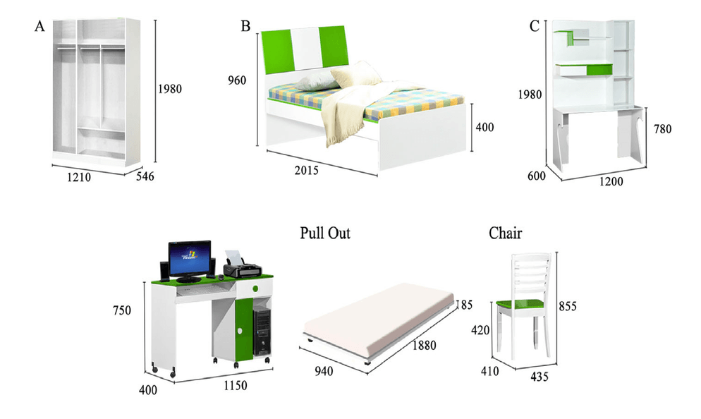 Bedroom furniture set: wardrobe, bed, desk, chair, and mattress, all white with green accents.