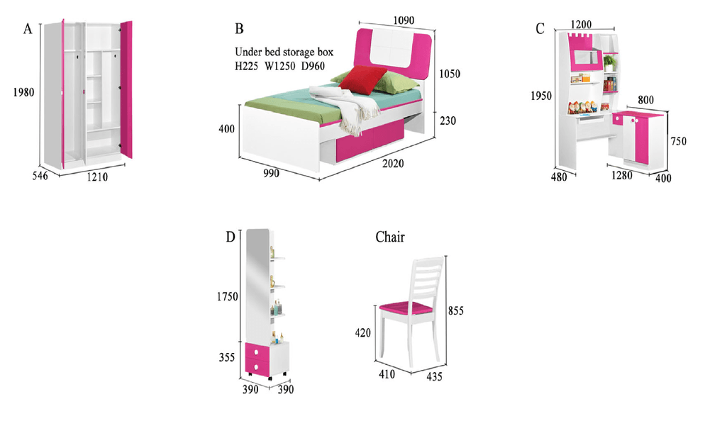 A set of children's furniture in white and pink. Includes a wardrobe, bed, desk, storage unit, and chair.