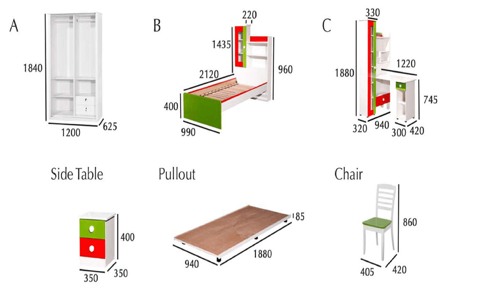 Furniture set: wardrobe (white), bed (green/red), desk, chair, side table, and pullout. Dimensions are labeled in the image.