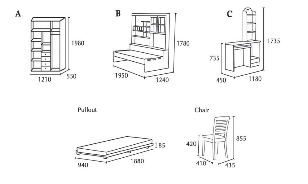 Diagrams of various furniture pieces with dimensions: wardrobe, bed, vanity, pullout bed, and chair.