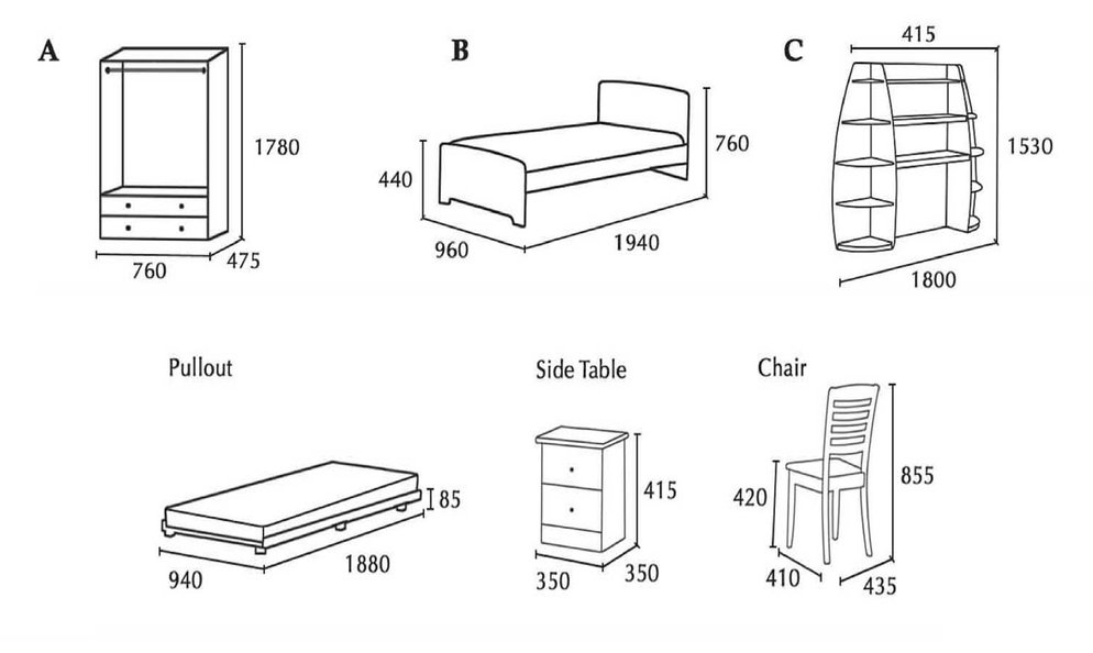Diagram of furniture with dimensions, including a wardrobe, bed, desk, pullout, side table, and chair.