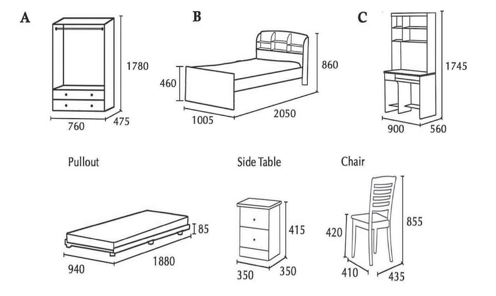 Diagram of bedroom furniture: wardrobe, bed, desk, pullout bed, side table, and chair with dimensions.
