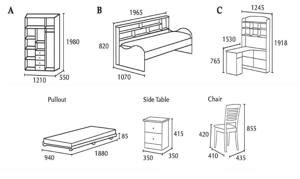 Diagrams of furniture: a pullout, side table, chair, and their dimensions in millimeters.
