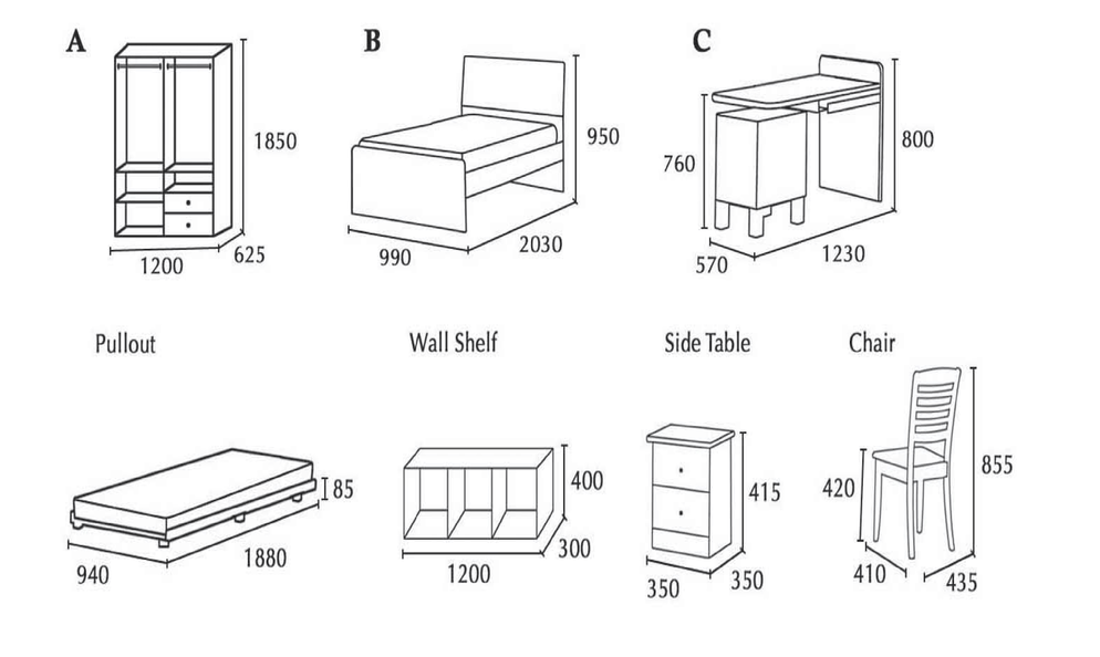 Diagrams of furniture: a wardrobe, bed, desk, chair, mattress, shelf, side table. Dimensions are included.