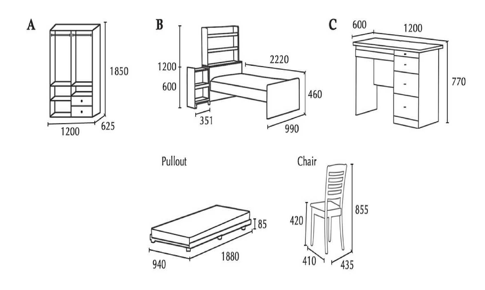 Diagram of furniture with dimensions: wardrobe, bed, desk, pull-out bed, and chair.