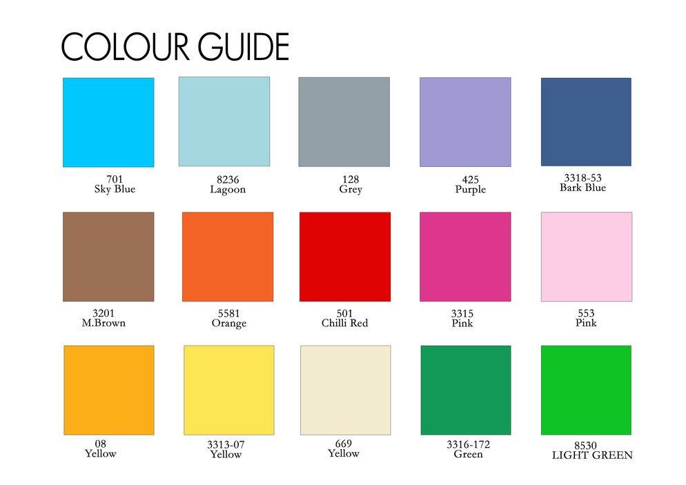 Color guide with sixteen solid color swatches, labeled with names and numbers.