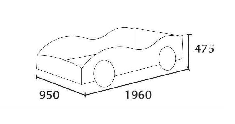 A cartoon-style car bed with dimensions: 1960x950x475 mm.