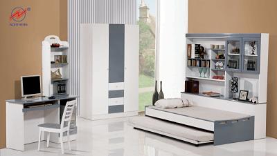 Modern white and gray bedroom furniture set, including a desk, wardrobe, shelves, and a pull-out bed.