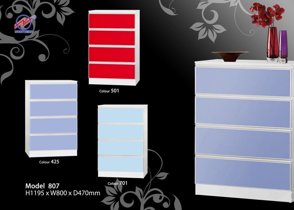 Image shows four different colored drawer units on a black background with floral designs.