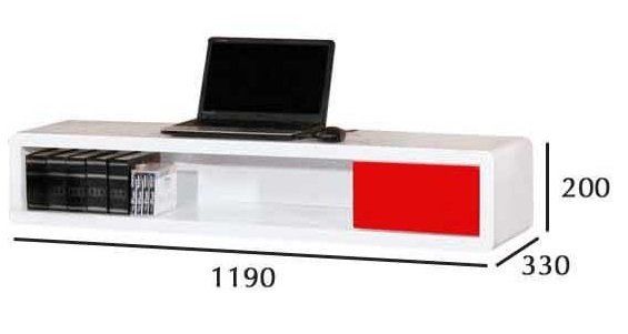 White and red modern low-profile media console, holding a laptop and books. Dimensions are labeled.