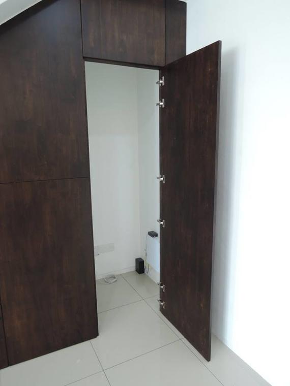 Dark wood door ajar, revealing a small, white-walled storage space with a white floor.