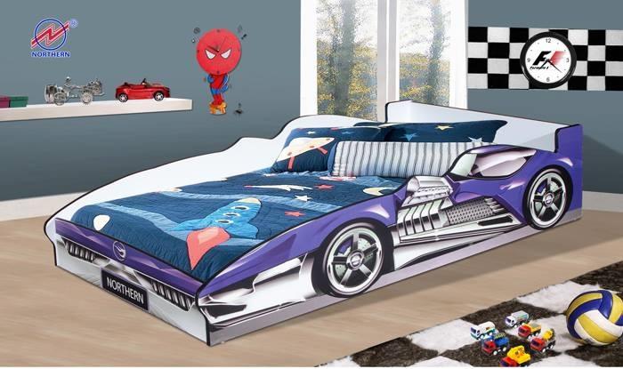 A car-shaped bed in a child's room with racing-themed decor, purple car details, and a Spiderman decoration.