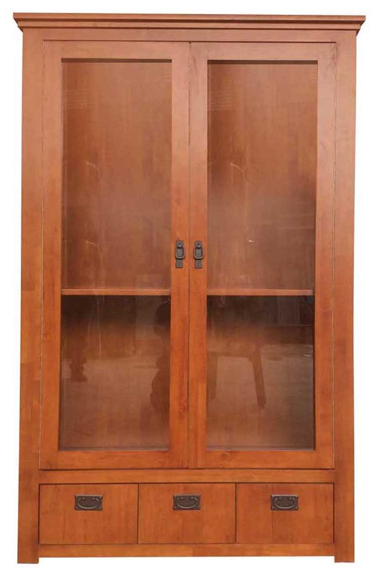 Wooden display cabinet with two glass doors, three drawers, and bronze hardware.