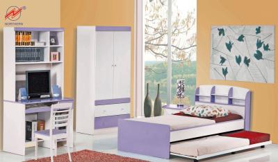 Children's bedroom set: white & lavender furniture includes a desk, wardrobe, bed with trundle, and bookcase.