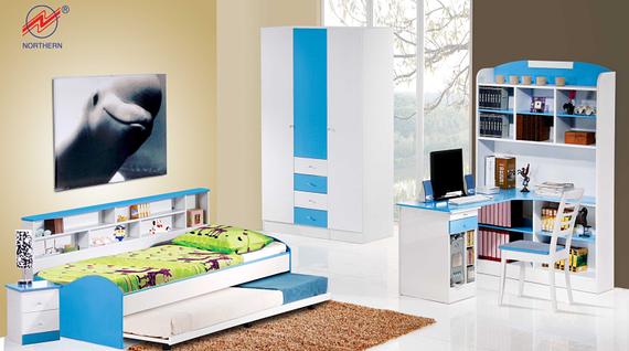 Children's bedroom set: white and blue furniture, including a bed, wardrobe, desk, and bookcase.