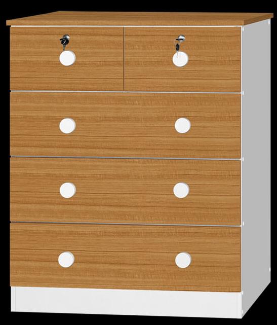 Chest of drawers with five drawers, two are locked with keys. Brown wood grain with white accents.