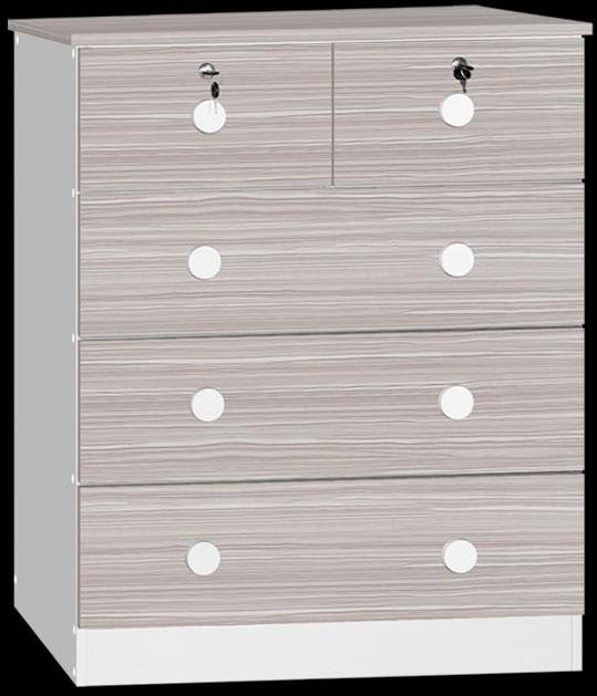 Gray and white wooden dresser with five drawers, two of which have locks.