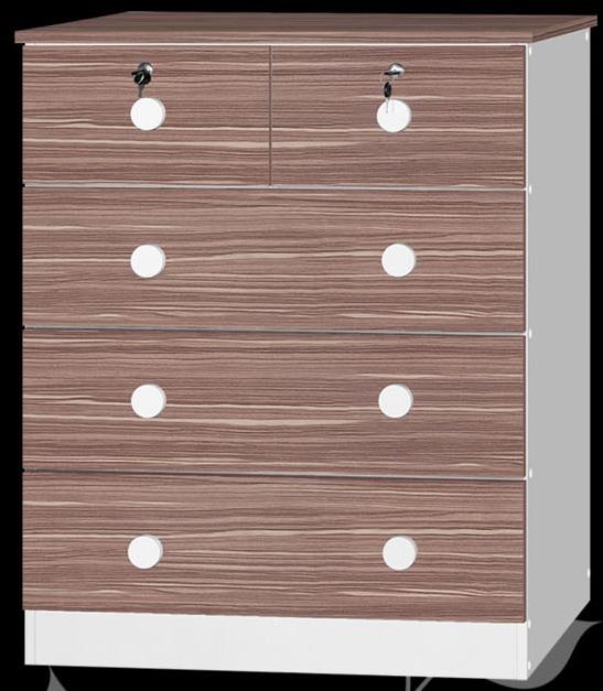 Chest of drawers in wood-grain finish with white knobs and accents. Features two upper drawers with locks.