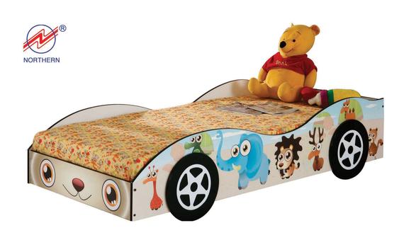 A children's car bed with cartoon animal decals and a teddy bear on top.