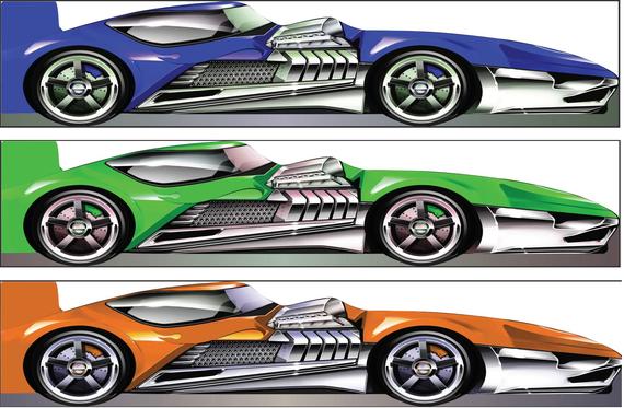 Three stylized toy cars in blue, green, and orange with chrome details.