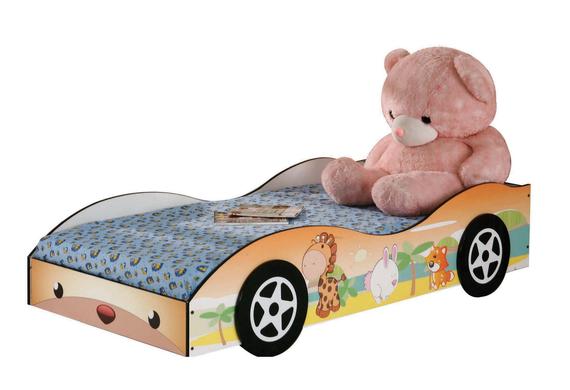 Child's car-shaped bed with teddy bear on it; tan frame, cartoon animals on side.