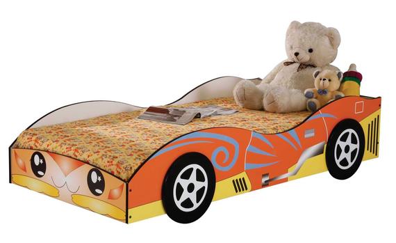 Orange race car bed with teddy bears.