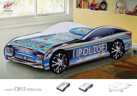 Police car-shaped children's bed, blue and silver with 