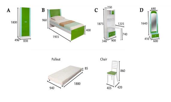Furniture set with dimensions: wardrobe, bed, desk, mirror, pullout, and chair, all with green accents.