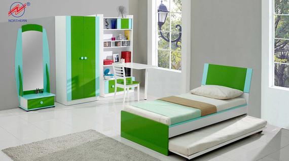Green and white children's bedroom furniture set: bed, wardrobe, desk, bookshelf, and vanity.