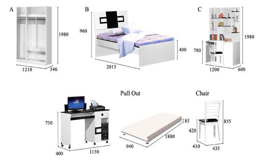 White bedroom furniture: wardrobe, bed, desk with storage, pull-out bed, and chair, with dimensions.