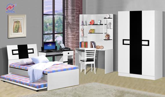 White and black bedroom set with bed, desk, shelves, and wardrobe in a modern room.