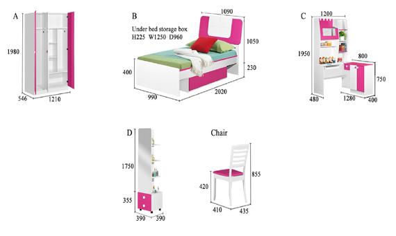 Set of children's furniture in white and pink, including a wardrobe, bed, desk, shelves, and a chair.
