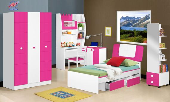 Pink and white children's bedroom set: wardrobe, bed, desk, shelves, and a landscape painting.