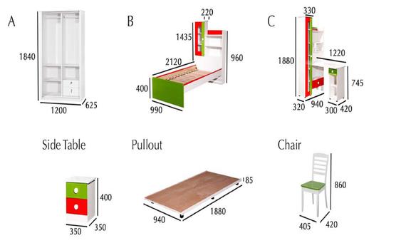 Furniture set with dimensions: wardrobe, pullout bed, desk, chair, and side table.