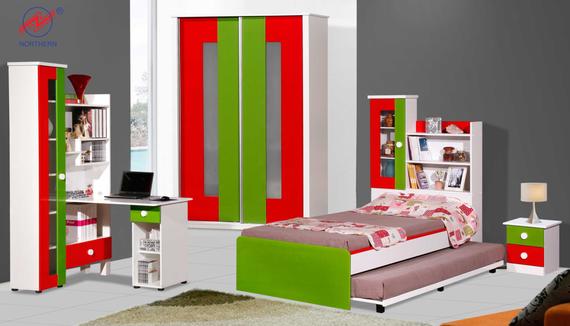Colorful children's bedroom set: bed with trundle, desk, wardrobe, bookshelf, and nightstand. Red, green, and white.