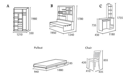 Diagram of various furniture pieces with dimensions in millimeters: wardrobe, bed with storage, desk with mirror, pullout bed, chair.