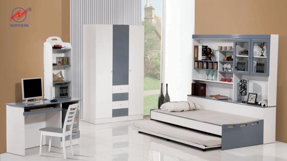 Modern white and gray bedroom set; desk, shelving, wardrobe, trundle bed.