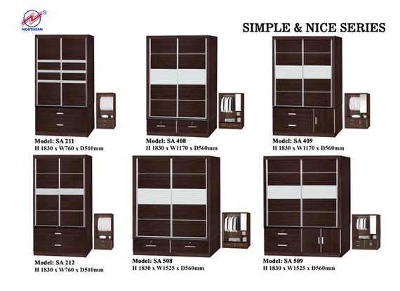 Six dark brown display cabinets with varying glass and drawer configurations, 