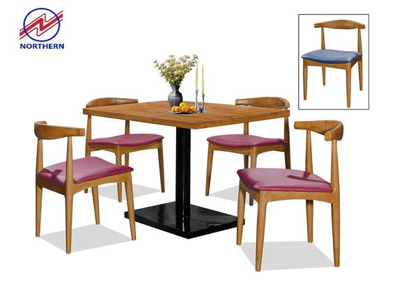 Dining set: wooden table with four chairs; wooden frames and red seats.  Inset: single chair, blue seat.