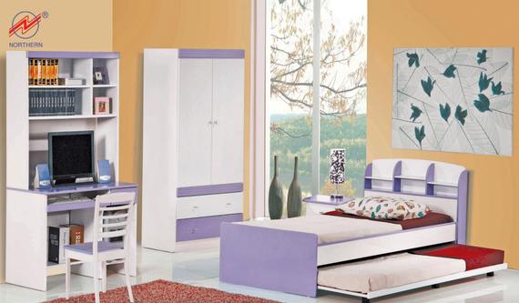 Children's bedroom set with white and lavender furniture, including a bed, desk, wardrobe, and bookcase.