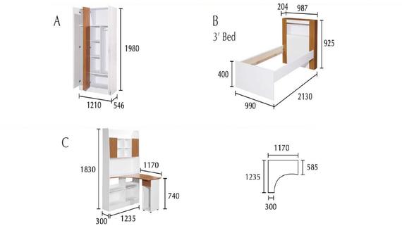 Diagram of furniture: wardrobe, bed, desk set, and corner shelf, with dimensions in millimeters.