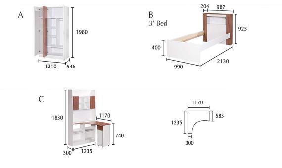 Furniture set: wardrobe (A), bed (B), desk (C), and corner piece, all in white with wood accents and dimensions.