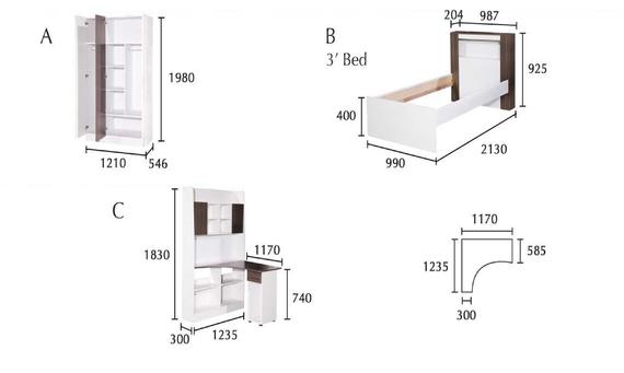 Diagram of furniture: A cabinet, B bed frame, C desk with shelves. Dimensions in mm are noted.