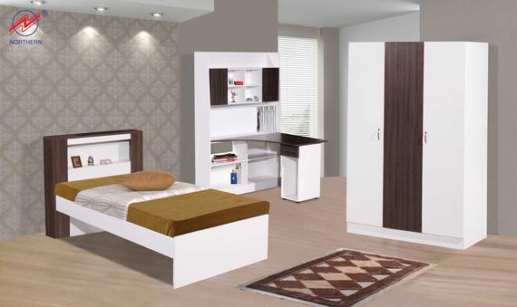 Bedroom set: white and brown furniture, including bed, desk, wardrobe, and rug against a wallpapered wall.