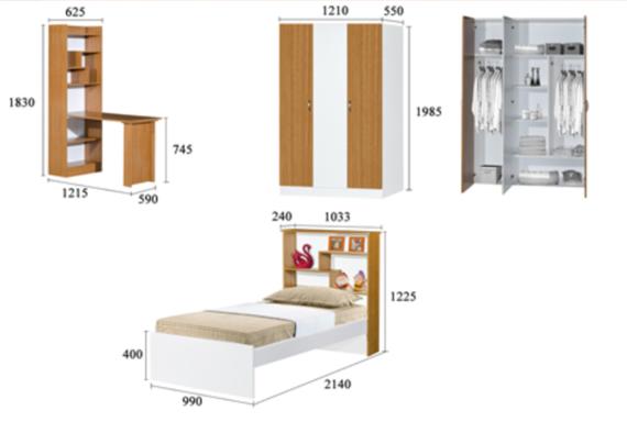 Furniture set: desk, wardrobe, bed. Desk and bed are white and brown, wardrobe is white and wood-toned.