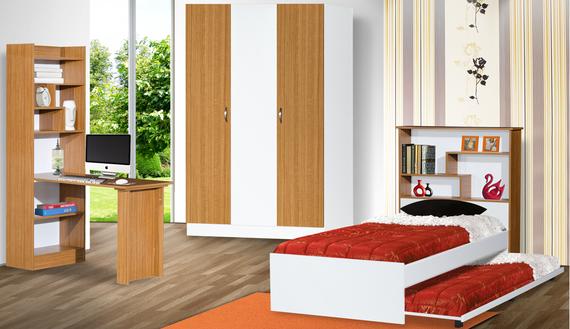 Bedroom furniture: bed, desk, wardrobe, bookcase, and drawers in a room with wood floors, a window, and striped wallpaper.